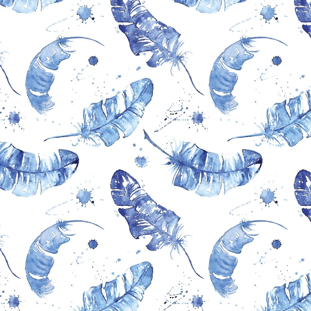 Watercolor Boho Feather Fabric - Blue