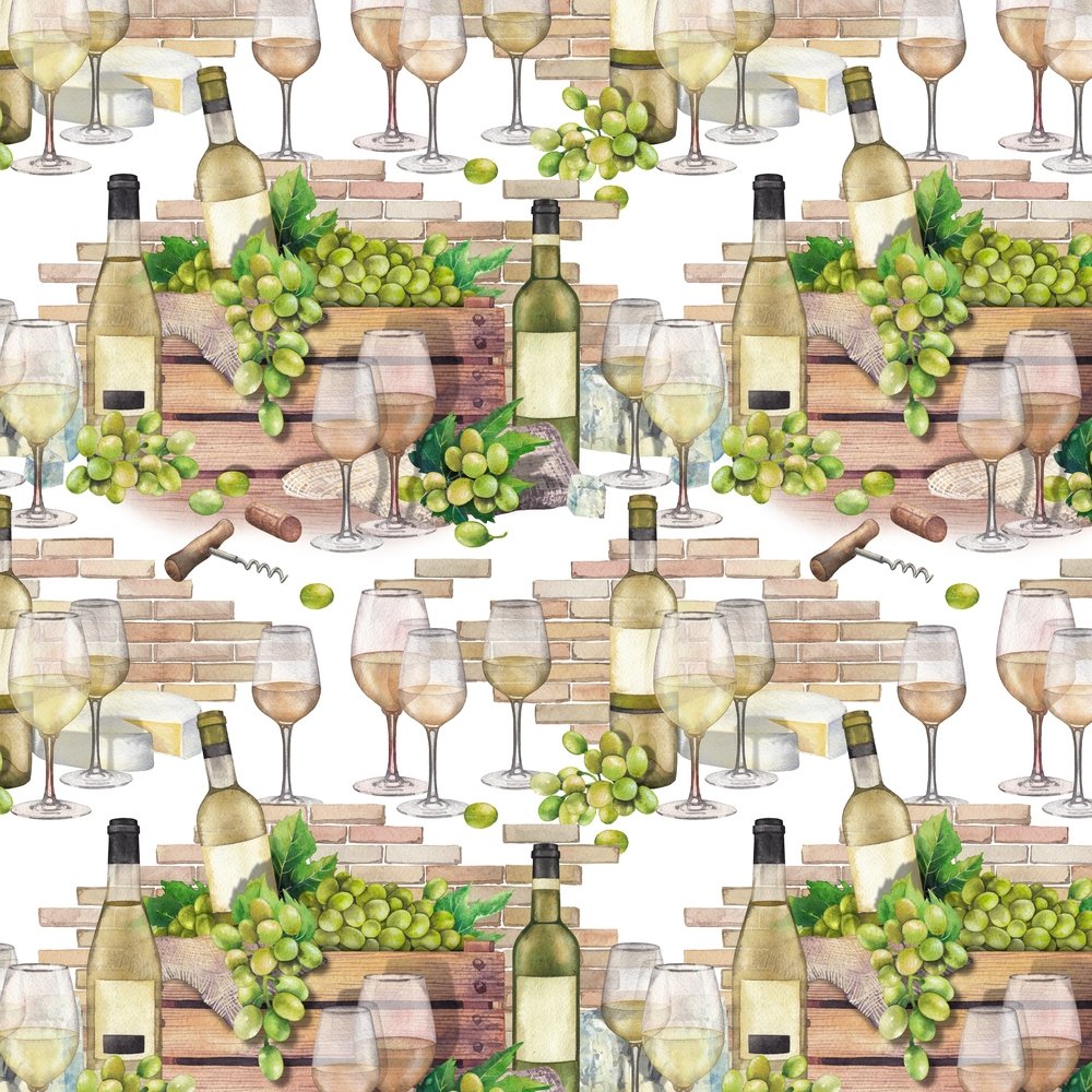 Watercolor Box Of Wine Fabric - White