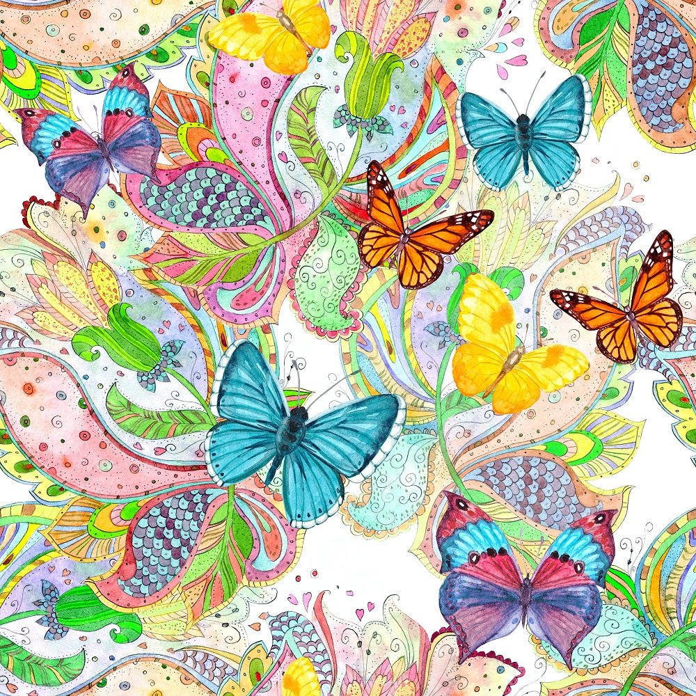 Watercolor Bright Butterflies & Flowers Fabric