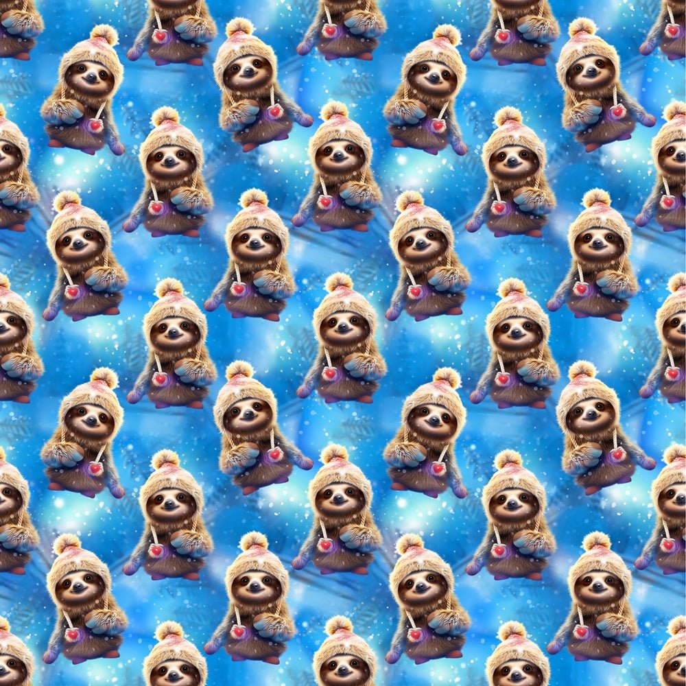 Cartoon Sloths In Winter Fabric