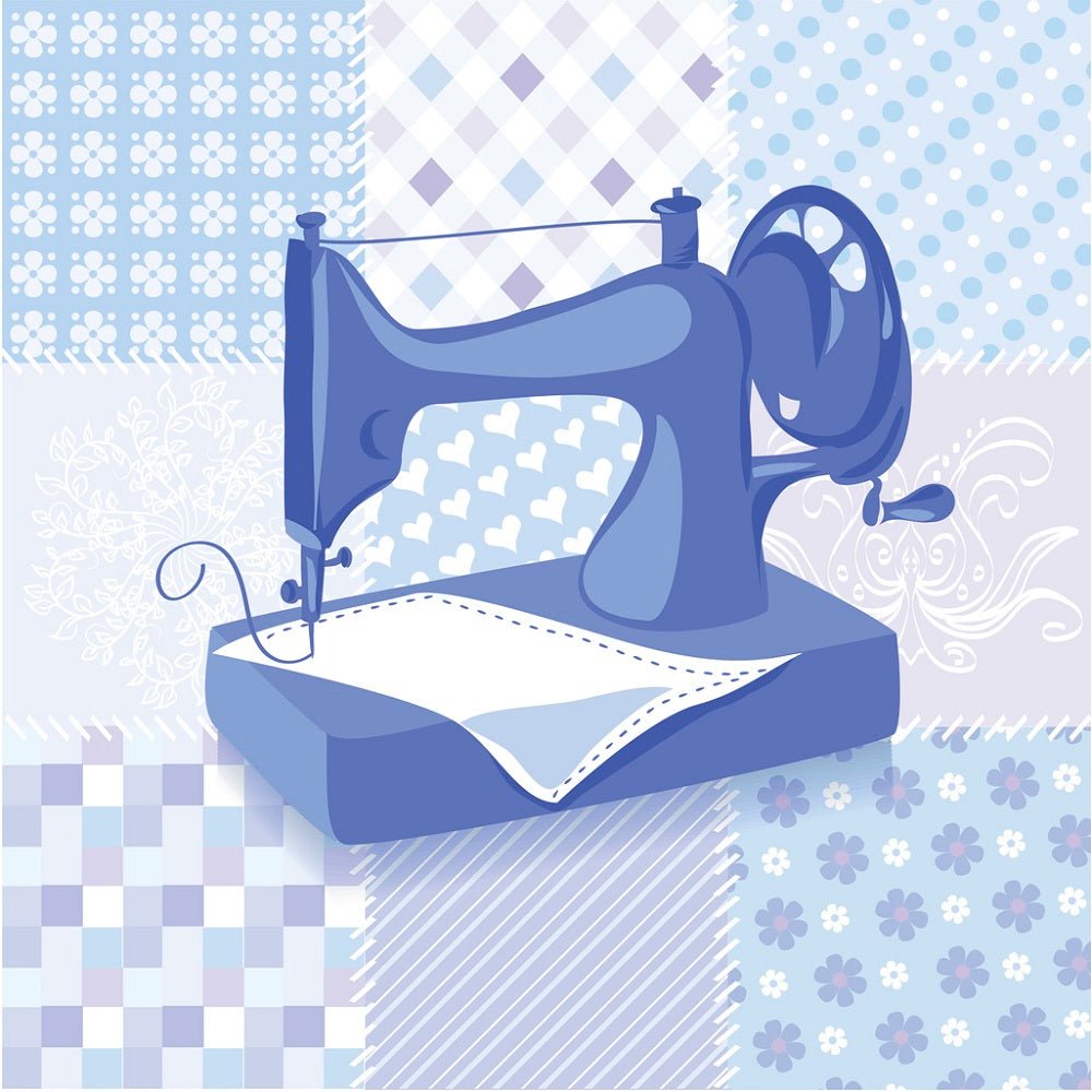 Vintage Sewing Machine Patchwork Fabric Panel - Blue