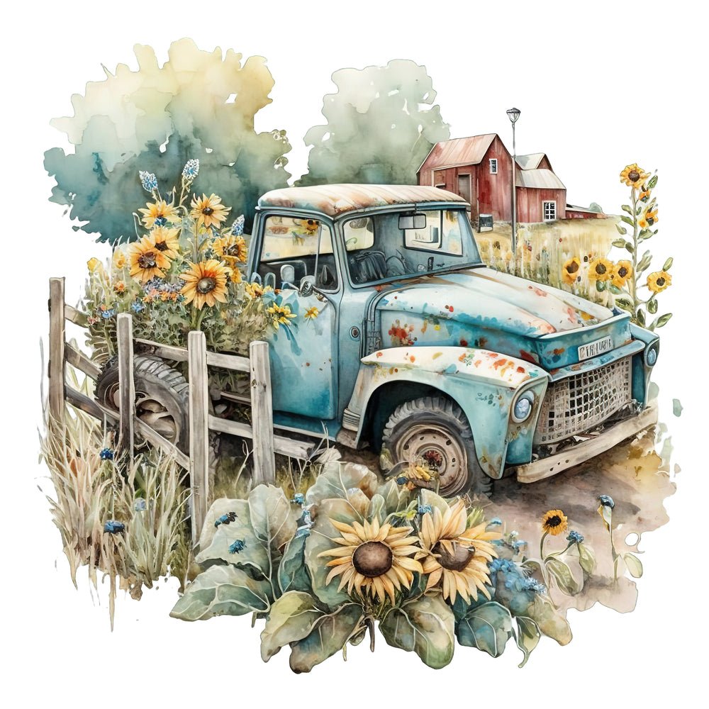 Vintage Truck & Sunflowers #4 Fabric Panel