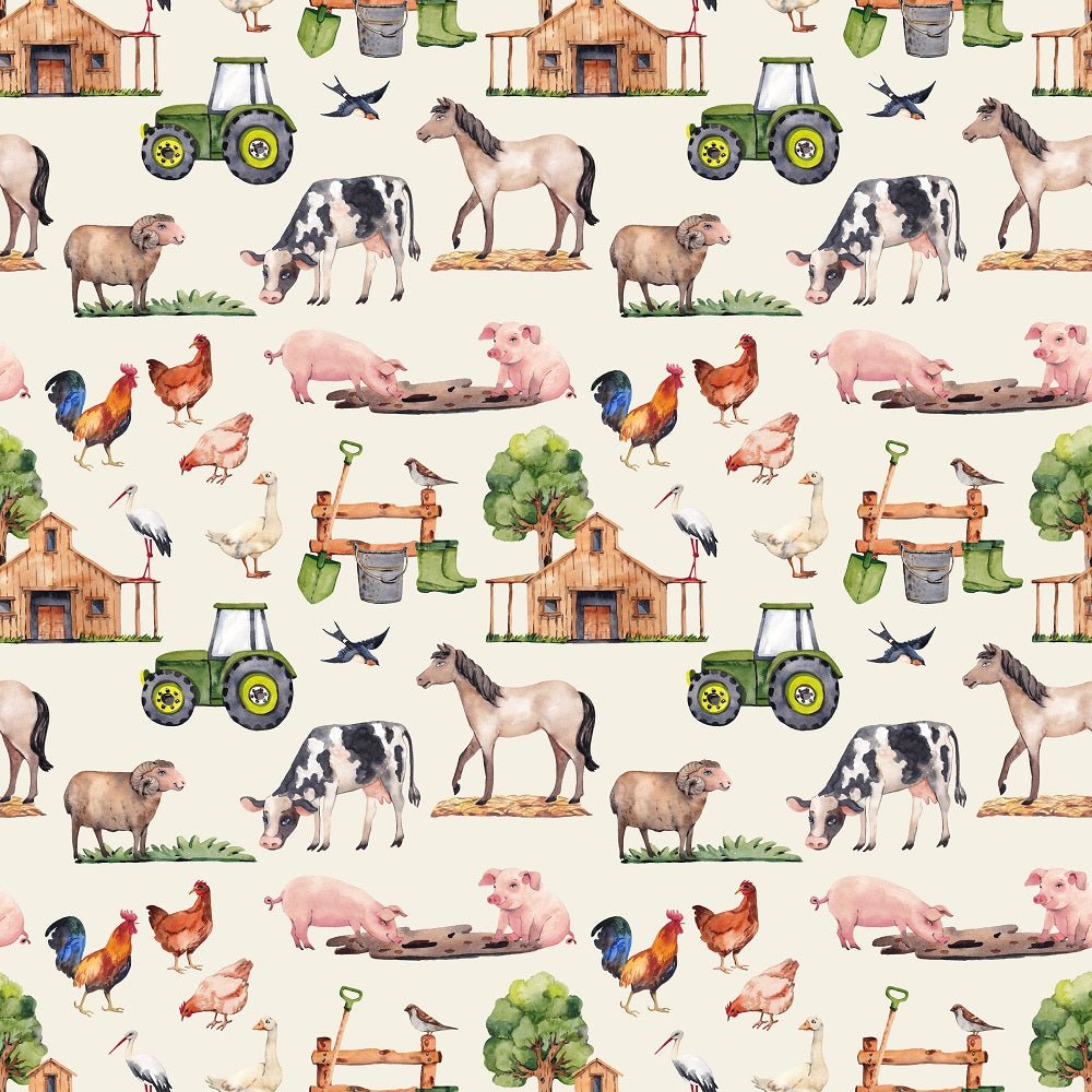 Watercolor Allover Farm Animals Fabric - Tan