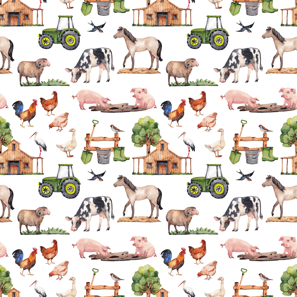 Watercolor Allover Farm Animals Fabric - White