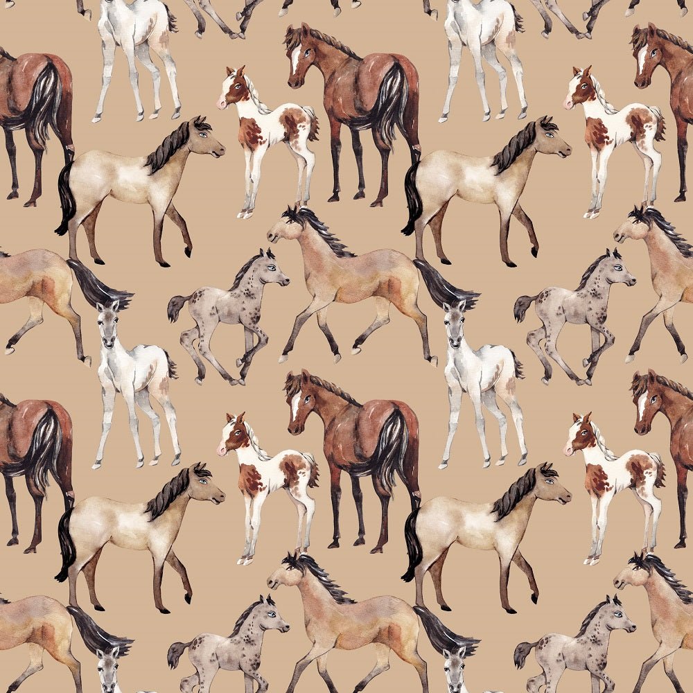 Watercolor Allover Horses Fabric - Tan