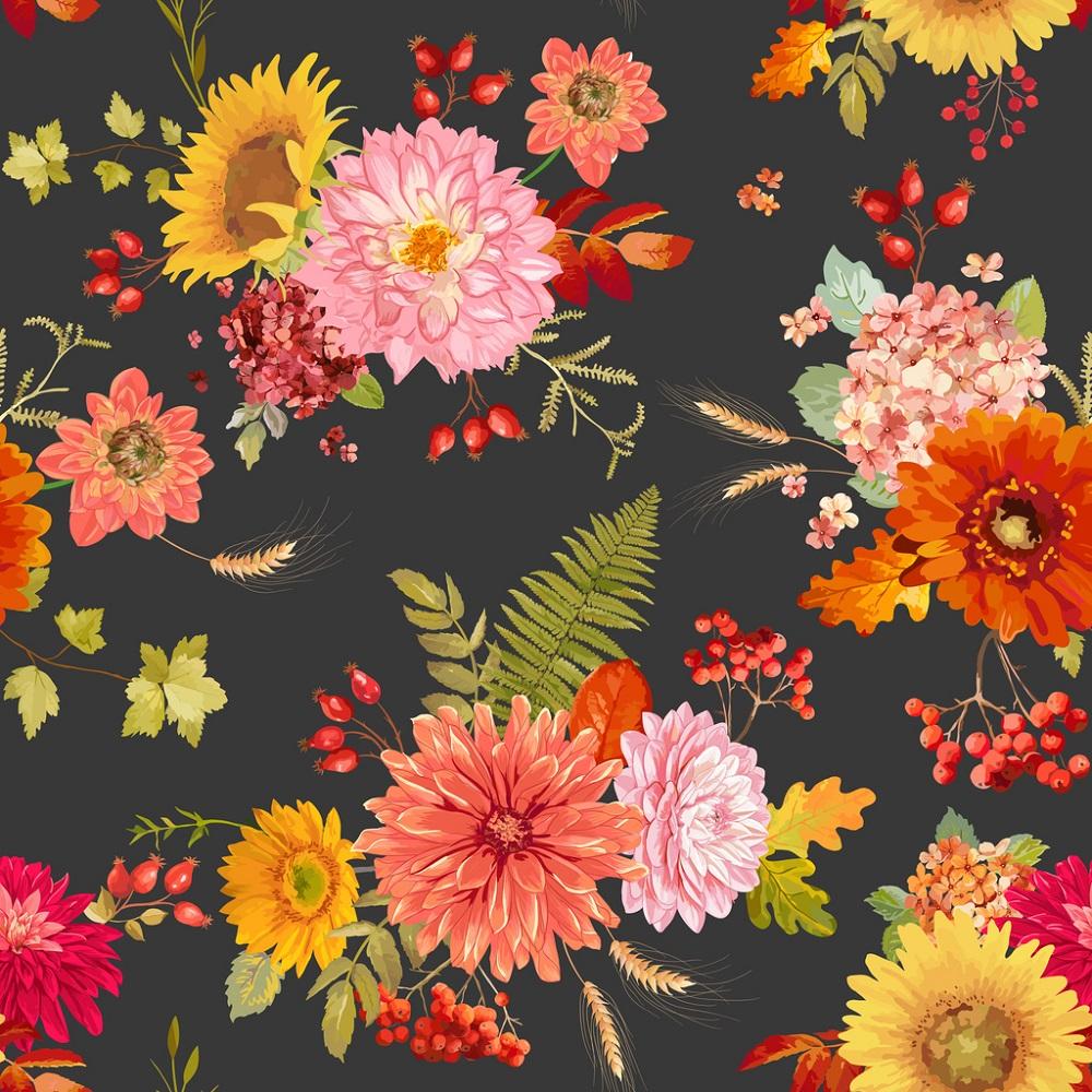 Watercolor Autumn Flowers Fabric - Charcoal