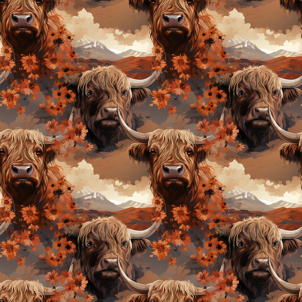 Vintage Highland Cows & Flowers #2 Fabric