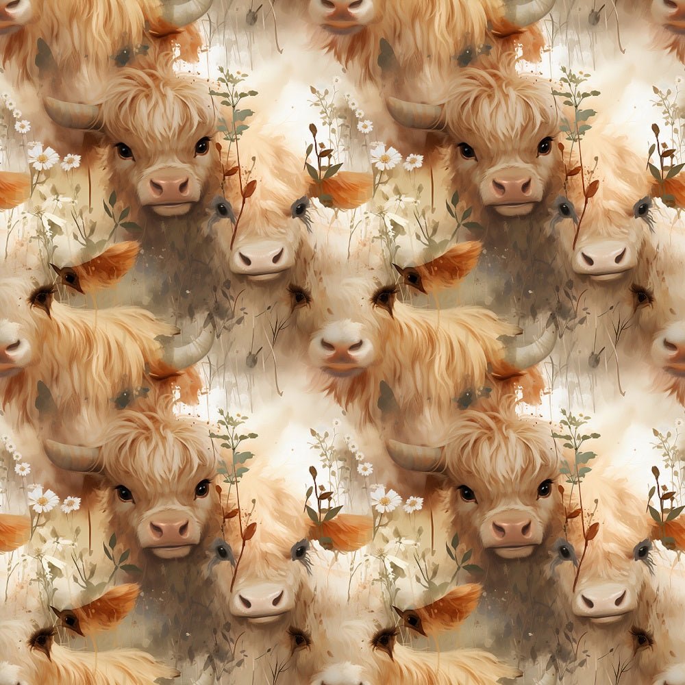 Vintage Highland Cows & Flowers #3 Fabric