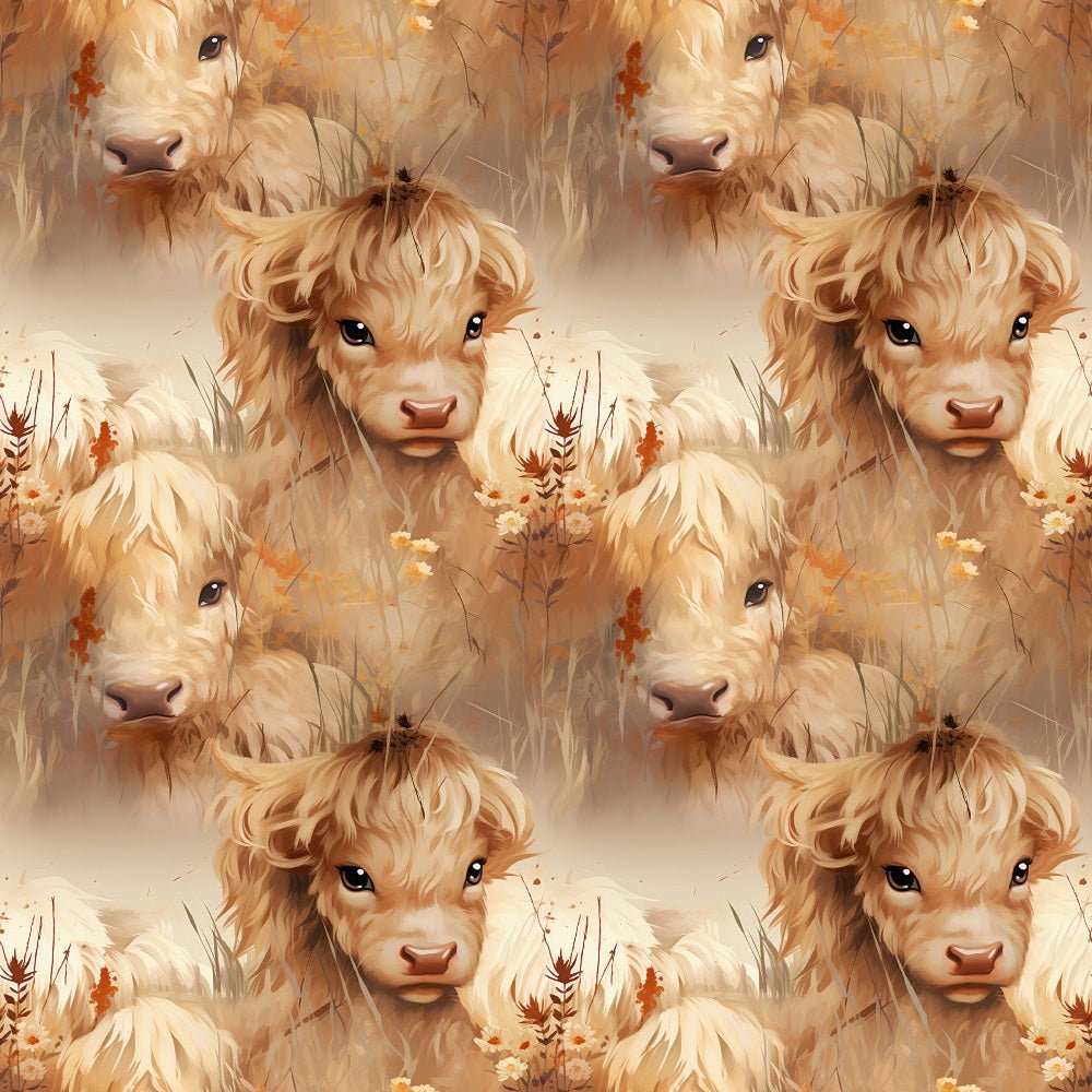 Vintage Highland Cows & Flowers #4 Fabric
