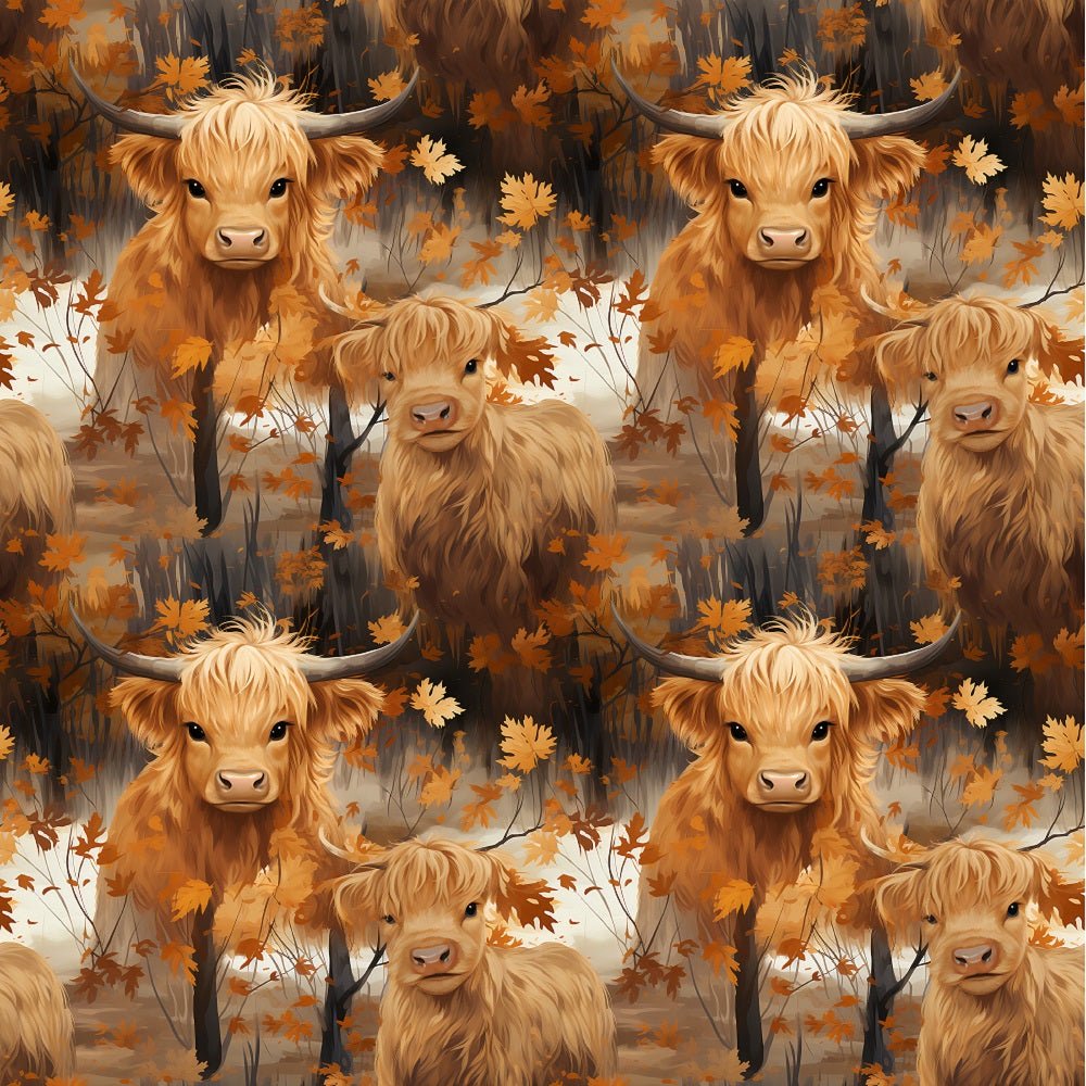 Vintage Highland Cows & Leaves Fabric