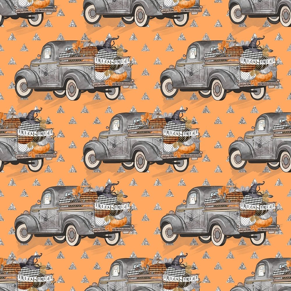 Vintage Trick or Treat Trucks on Orange Triangles Fabric