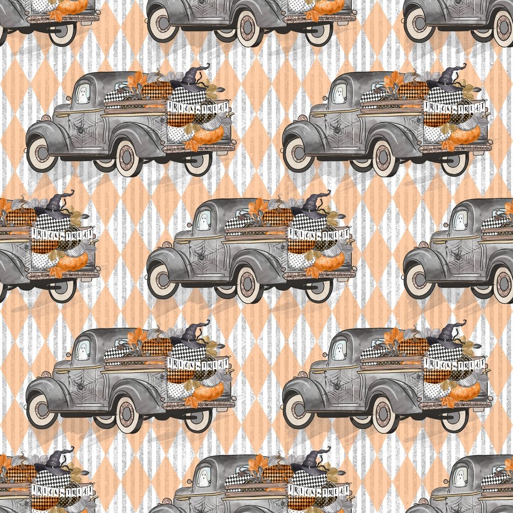 Vintage Trick or Treat Trucks on Stripes Fabric