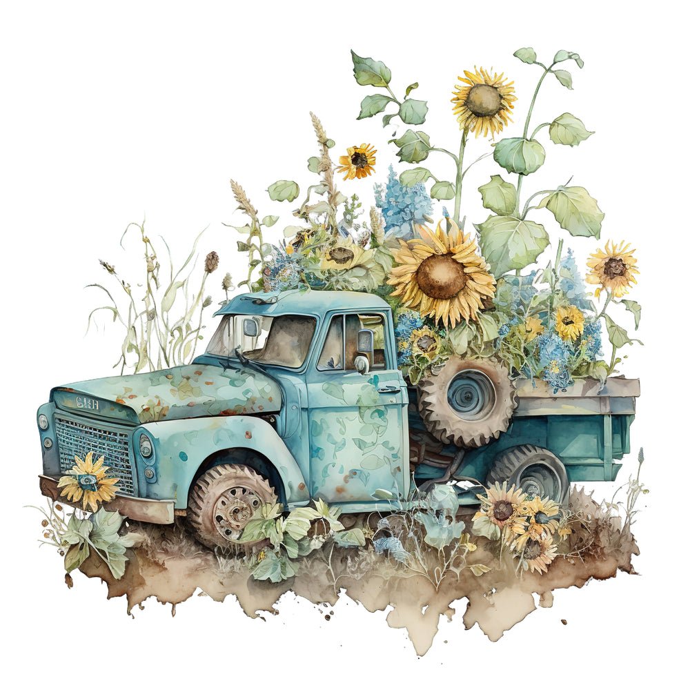 Vintage Truck & Sunflowers #1 Fabric Panel