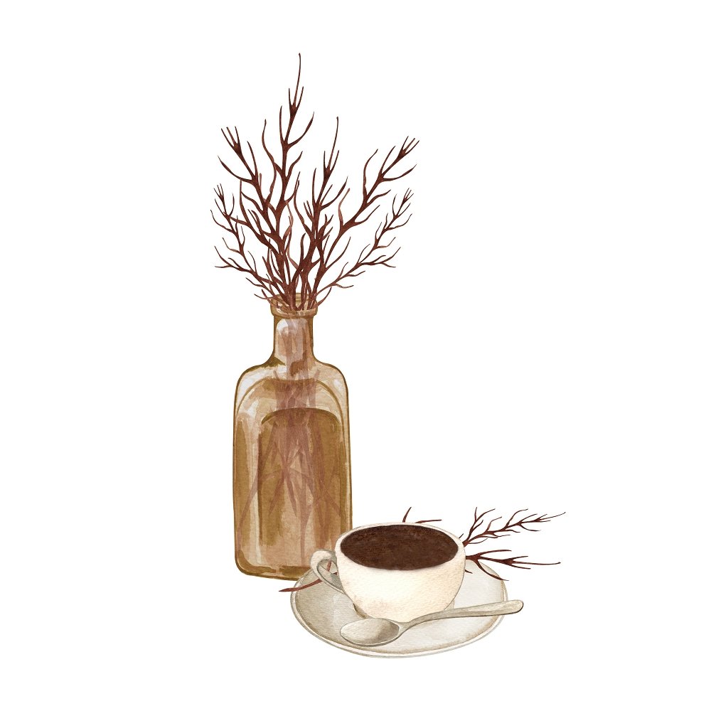 Vintage Twig Vase and Coffee Fabric Panel