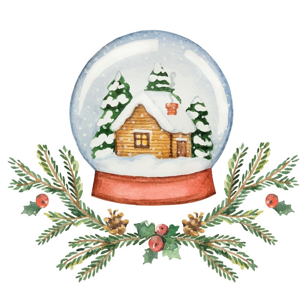 Watercolor Cabin In Snowglobe Fabric Panel