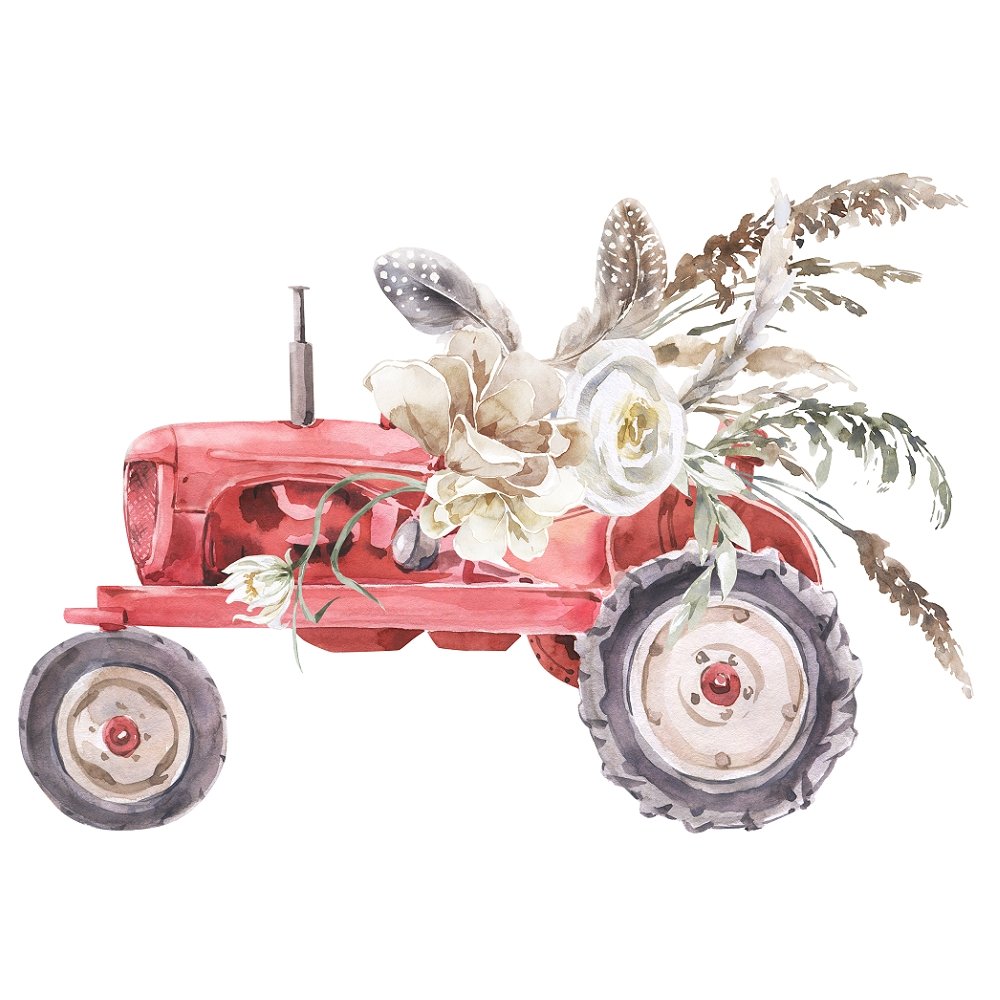 Watercolor Floral Tractor Fabric Panel - Red