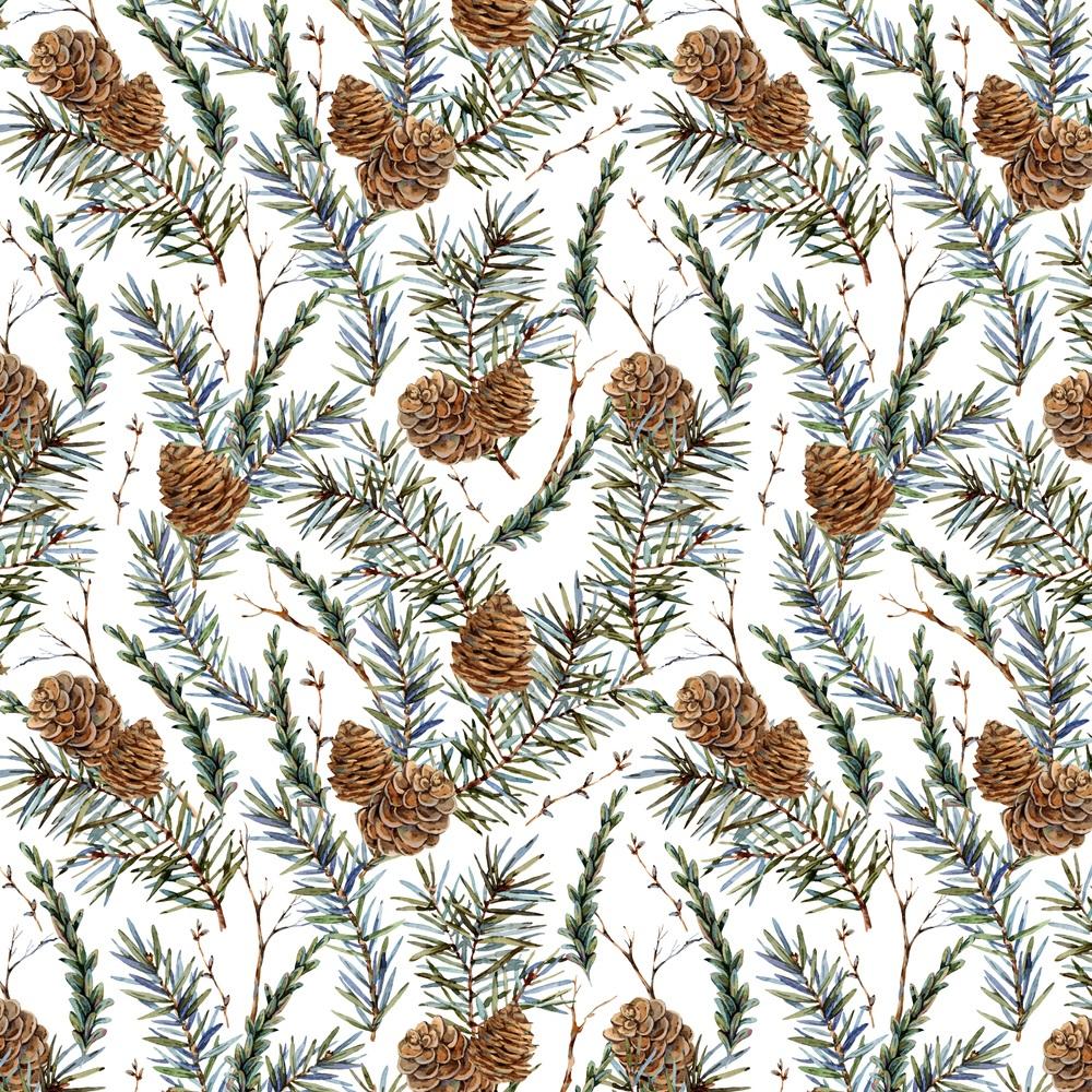 Watercolor Sprig Of Fir Trees & Pinecones Fabric - White