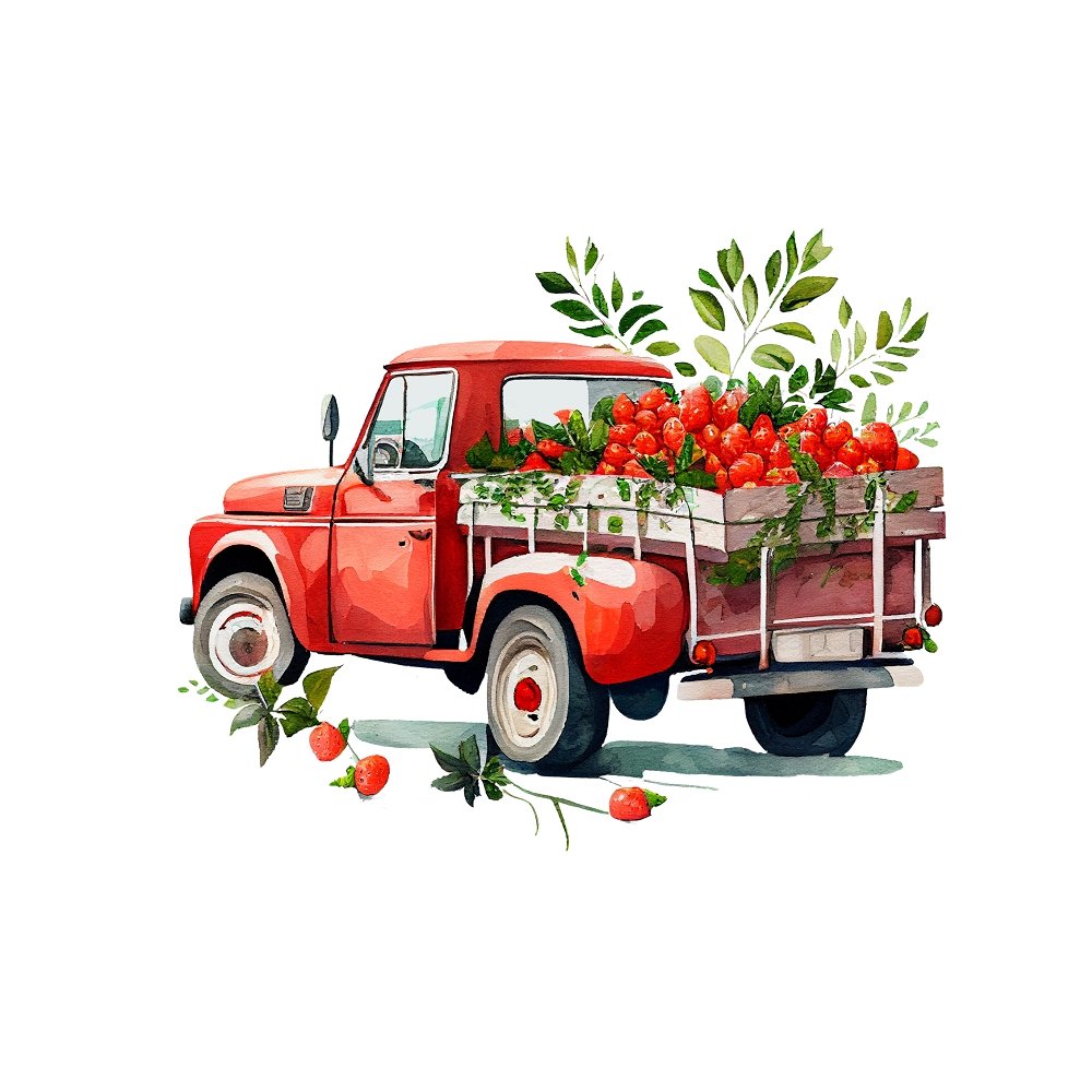 Watercolor Strawberry Truck Fabric Panel