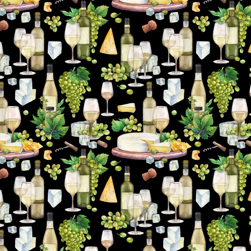 White Wine With Cheese Tray Fabric - Black