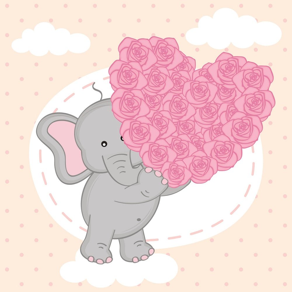 Valentine Elephants Holding Heart of Roses Fabric Panel