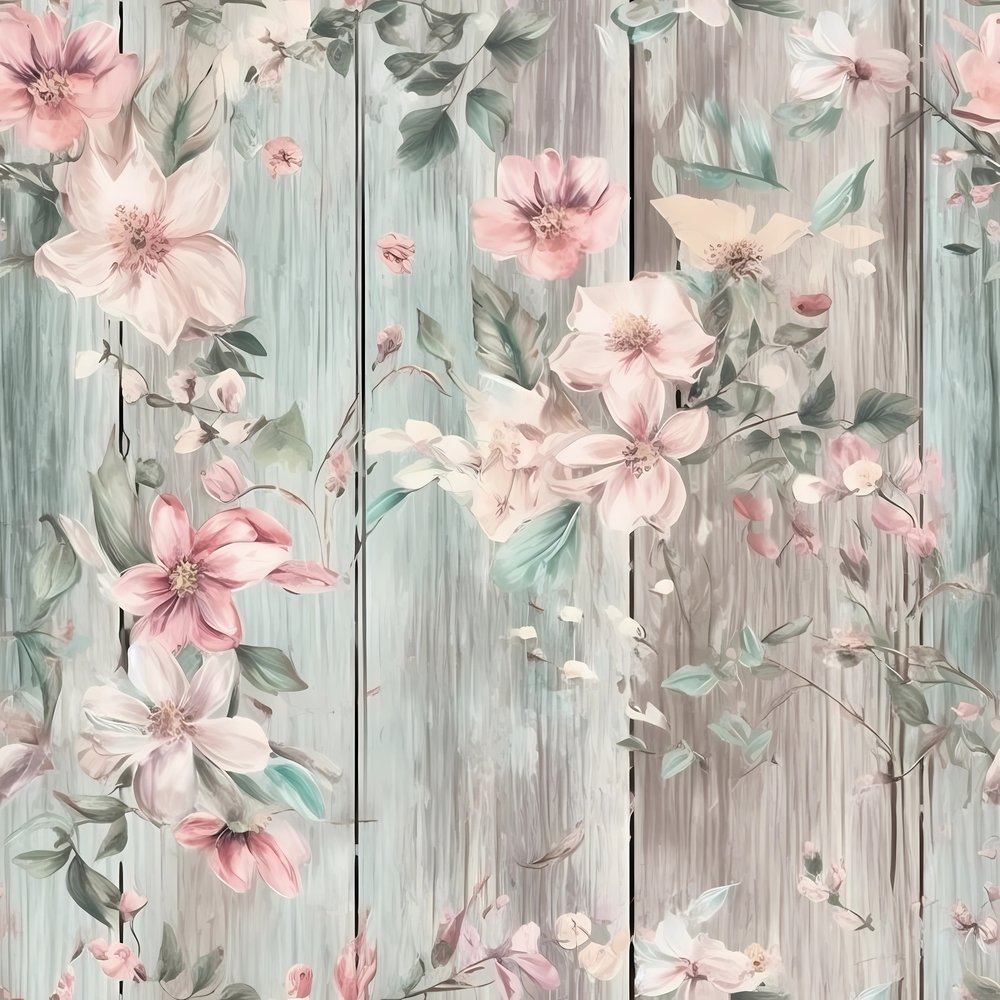 Vintage Florals on Wood Planks #10 Fabric