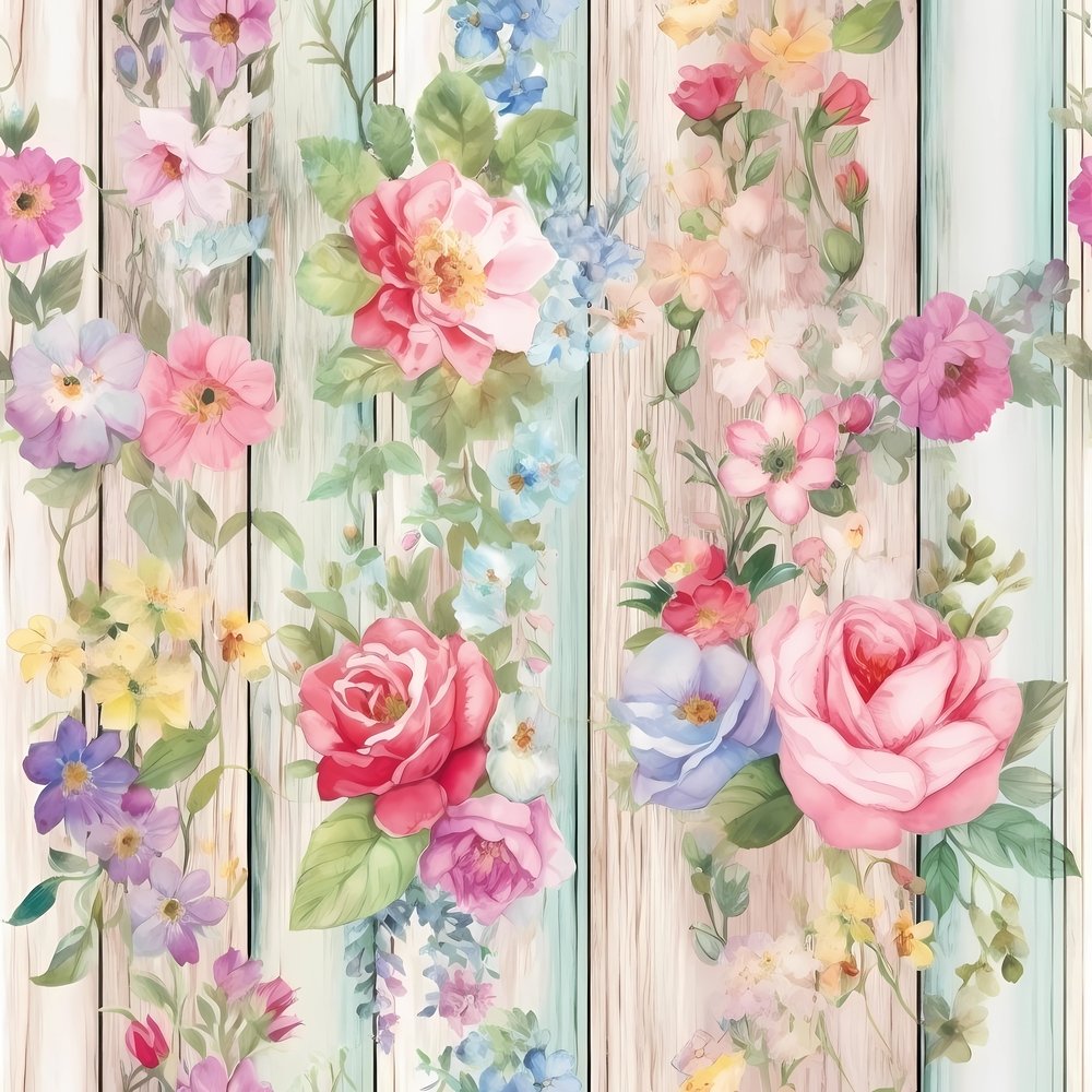 Vintage Florals on Wood Planks #6 Fabric