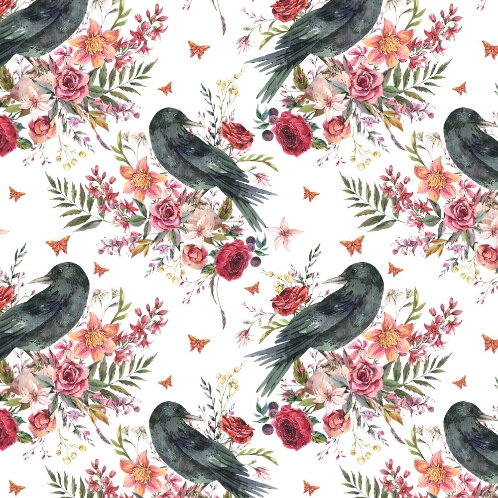 Vintage Florals & Ravens Fabric - White