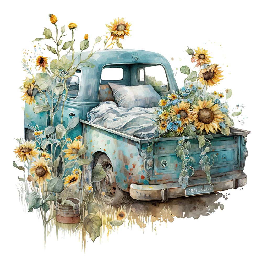 Vintage Truck & Sunflowers #2 Fabric Panel