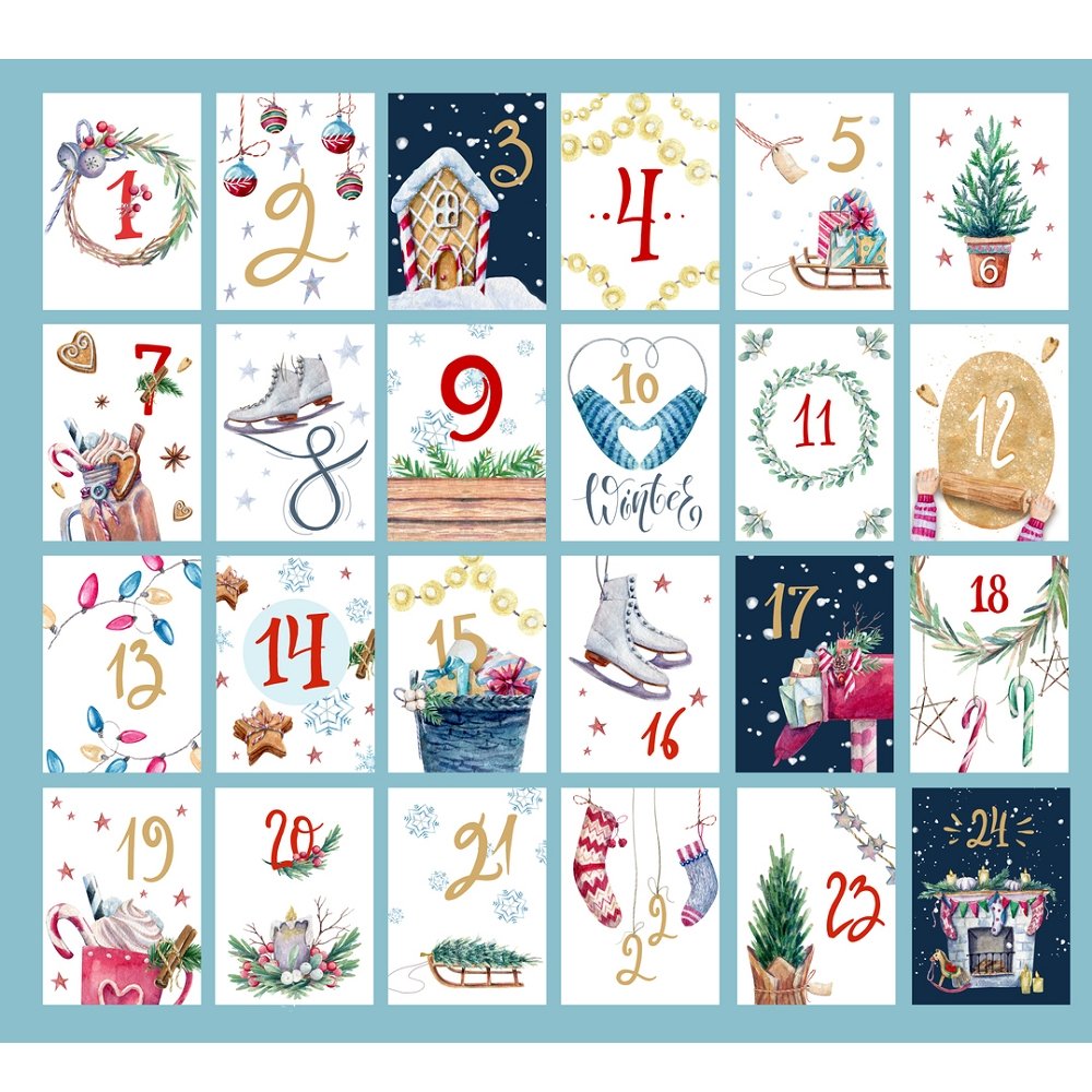 Watercolor Christmas Advent Calendar Fabric Panel - Blue