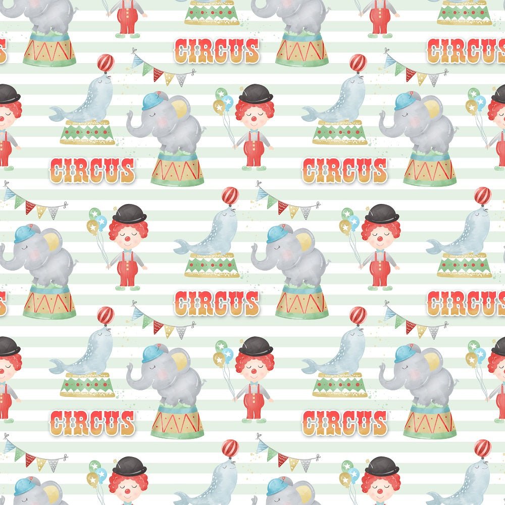 Watercolor Circus Scene 2 on Stripes Fabric - Green