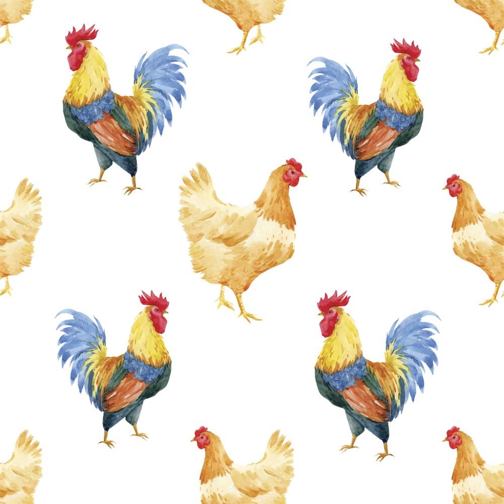 Watercolor Rooster & Hen Fabric - White