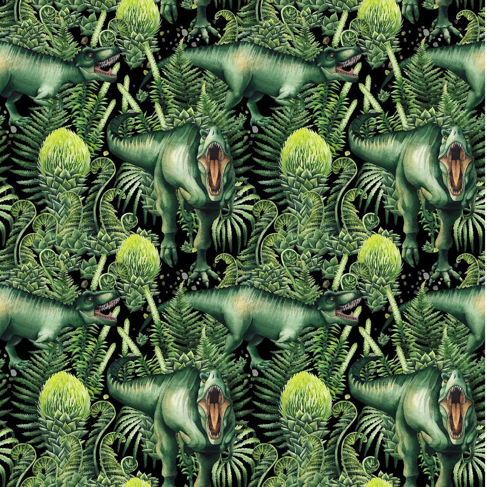 Watercolor T-Rex Fabric - Green/Black