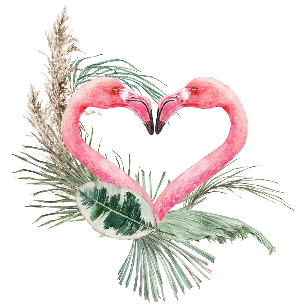 Tropical Love Heart Flamingo's with Leaves Fabric Panel