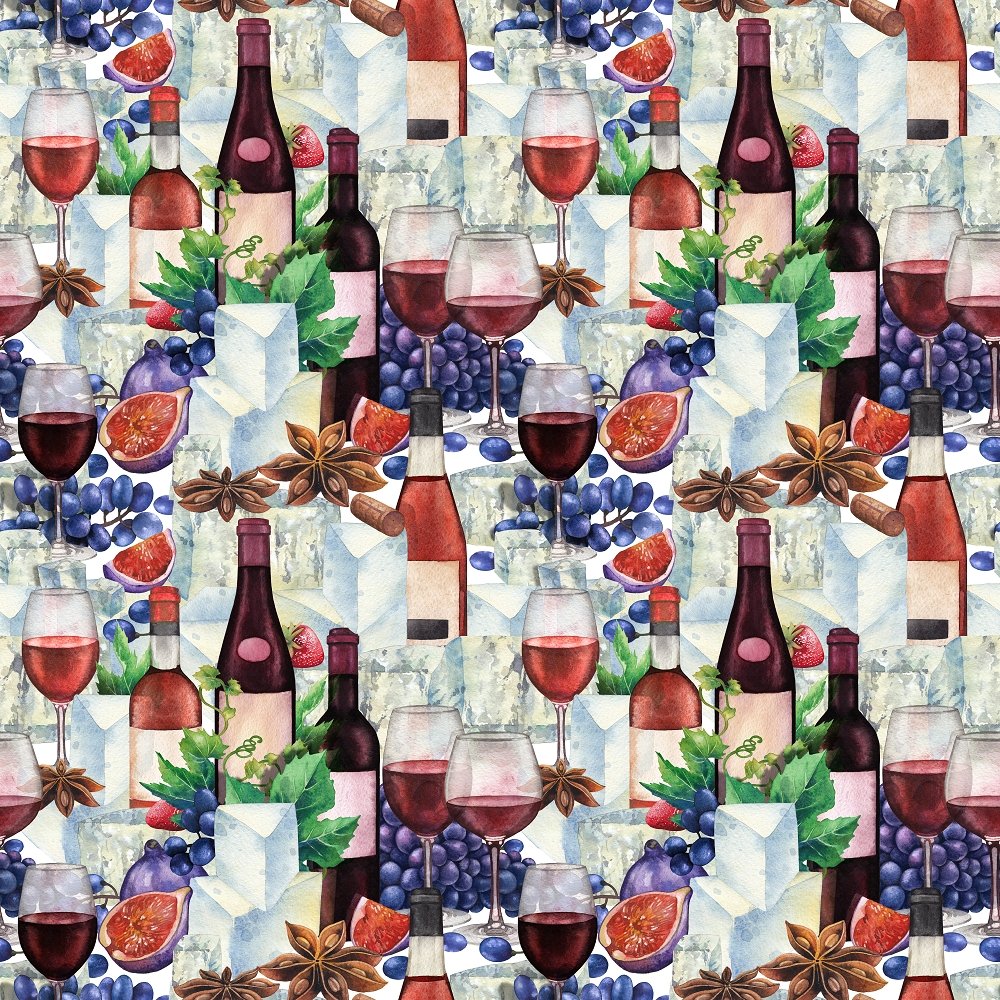 Various Red Wine & Cheese Fabric