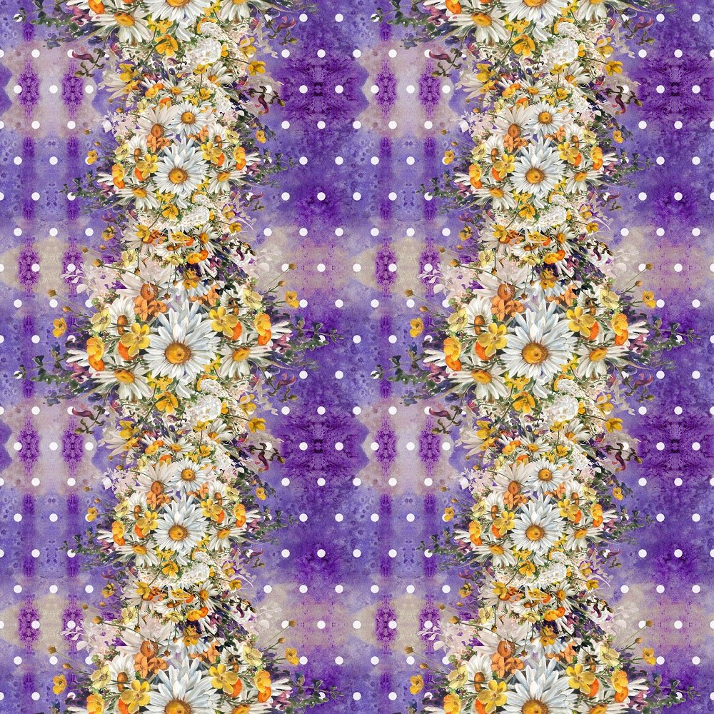 Vertical Chamomile Border Flowers on Grunge Dots Fabric - Purple