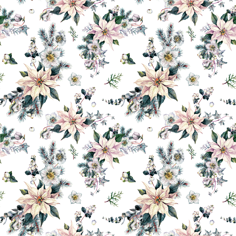 Vintage Christmas White Poinsettia Fabric