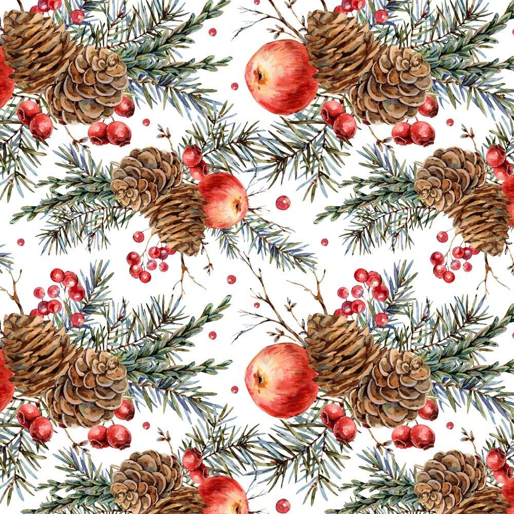 Vintage Fir Branches & Red Apples Fabric