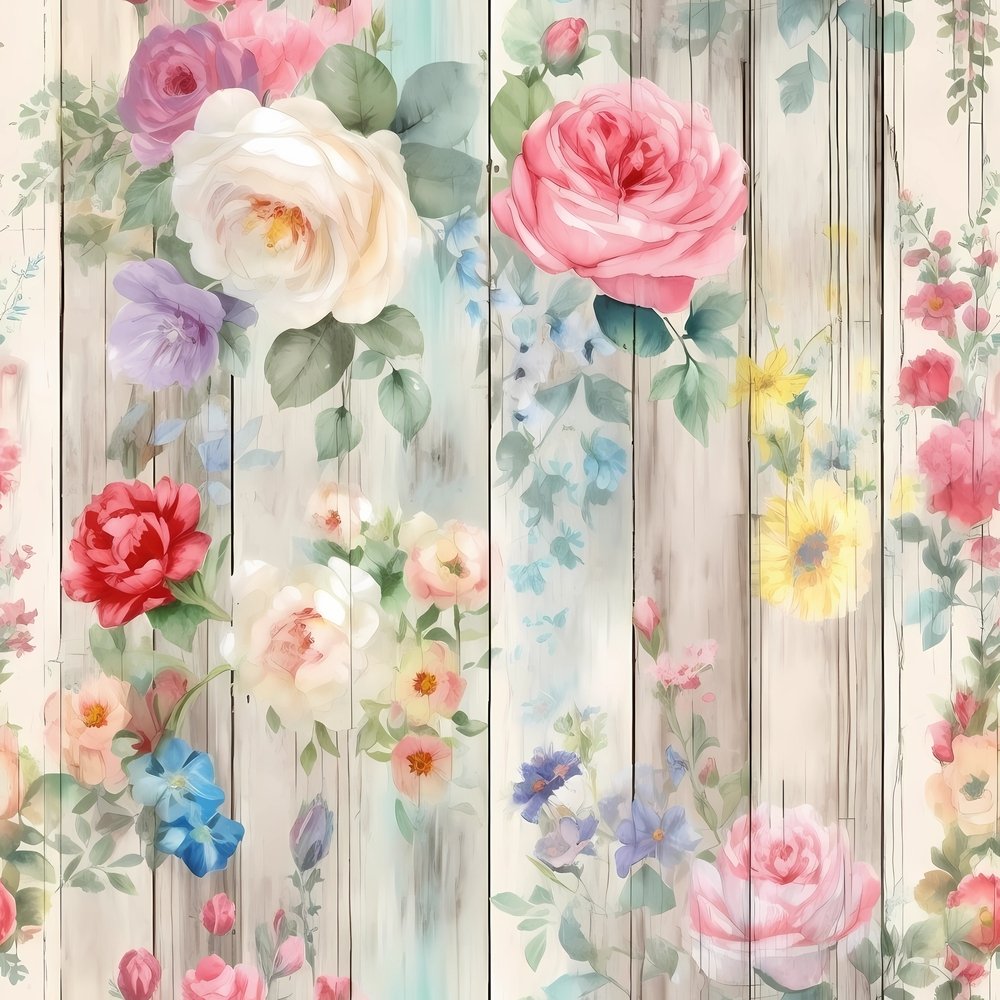 Vintage Florals on Wood Planks #7 Fabric