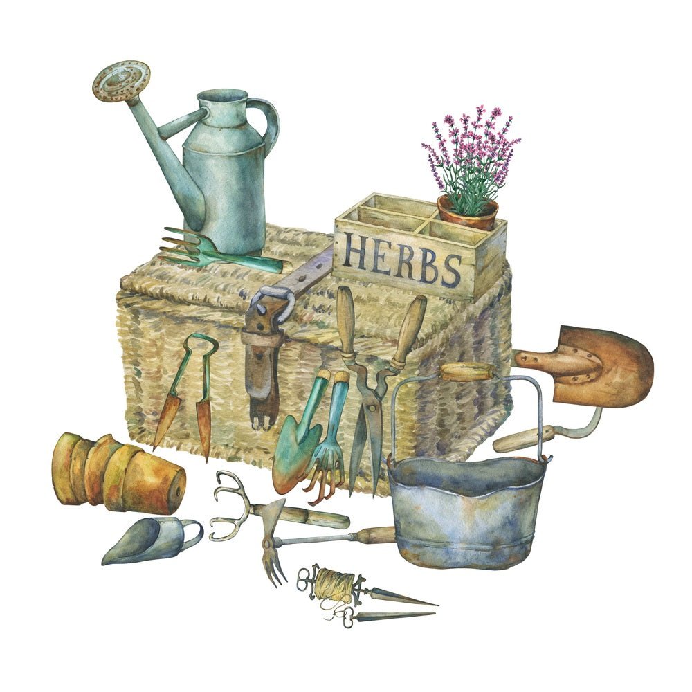 Vintage Gardening Hand Tools Fabric Panel