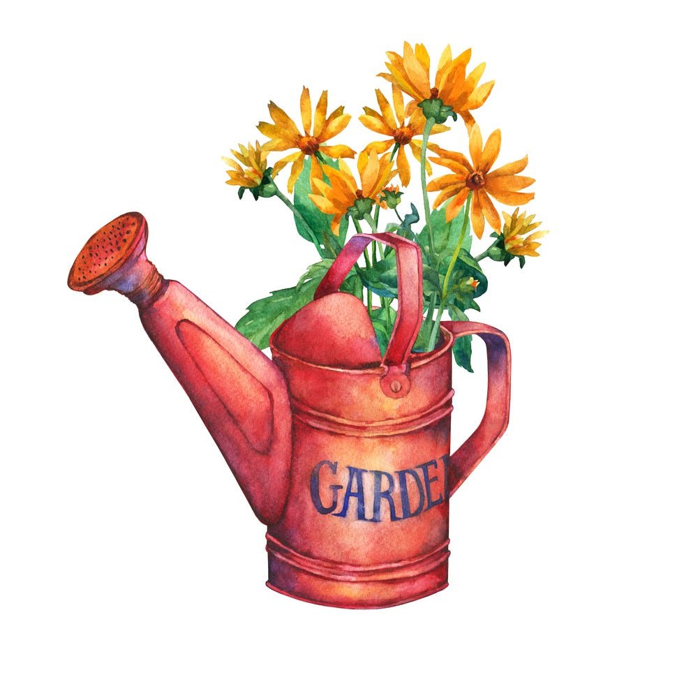 Vintage Red Watering Can with Flowers Fabric Panel