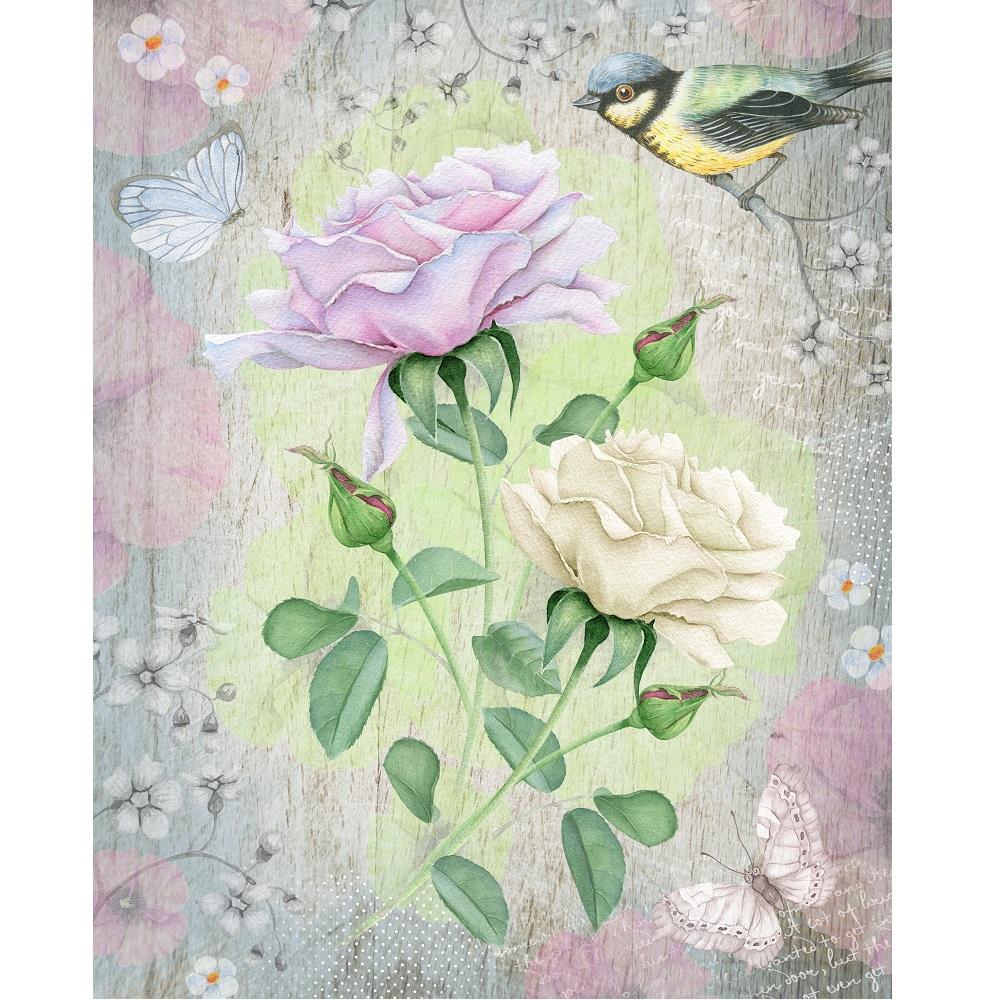 Vintage Watercolor Roses & Bird Fabric Panel