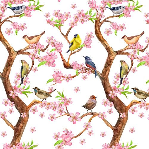 Watercolor Birds on Flowering Branches Fabric