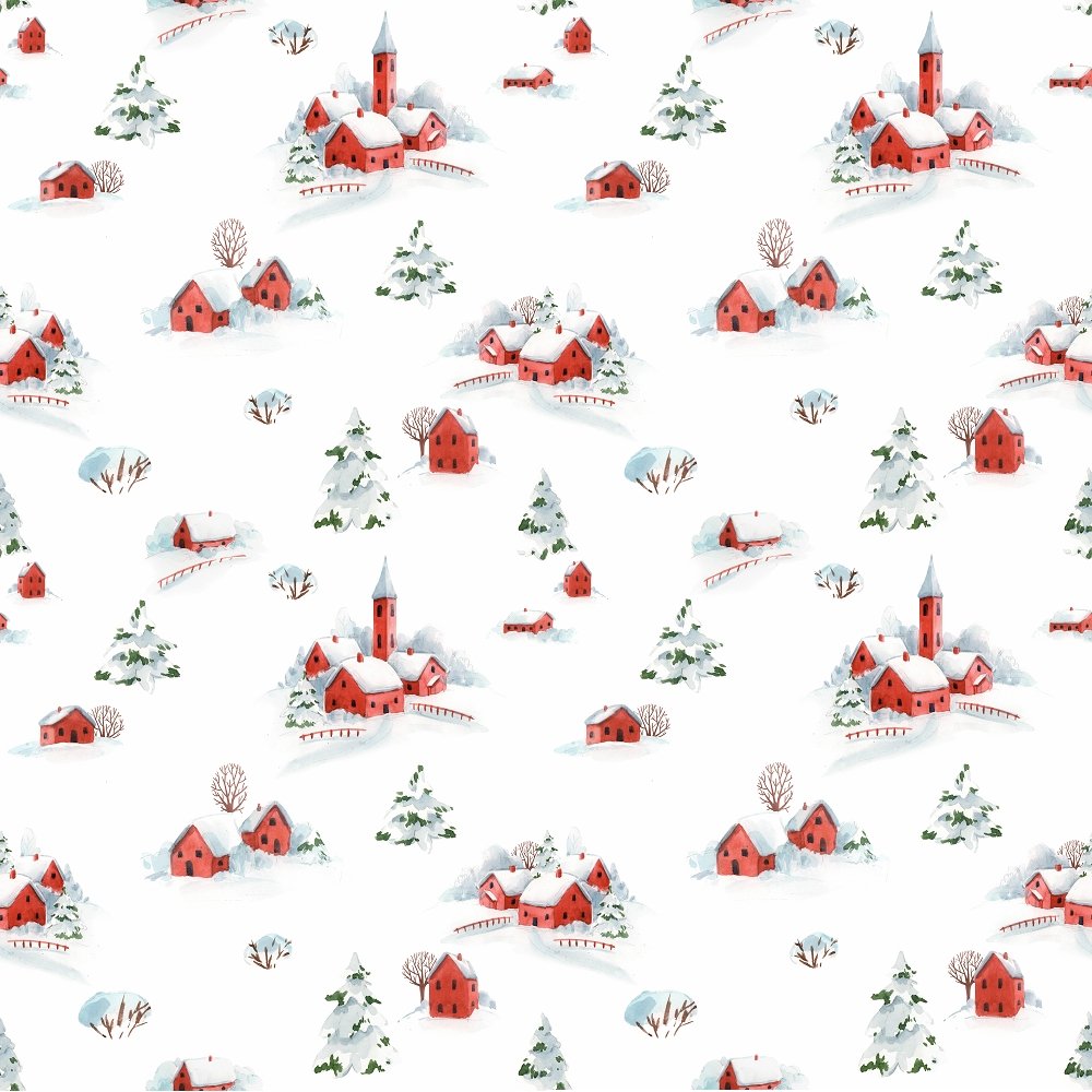 Watercolor Red House Fabric - Multi