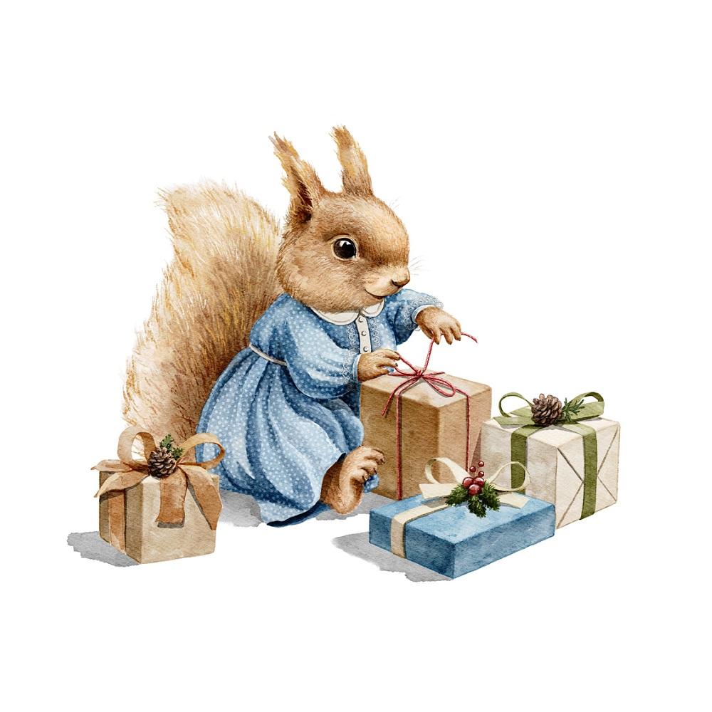 Watercolor Squirrel Opening Presents Fabric Panel