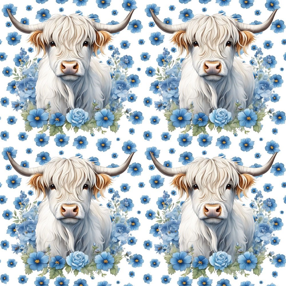 White Highland Cows & Flowers Fabric - Blue