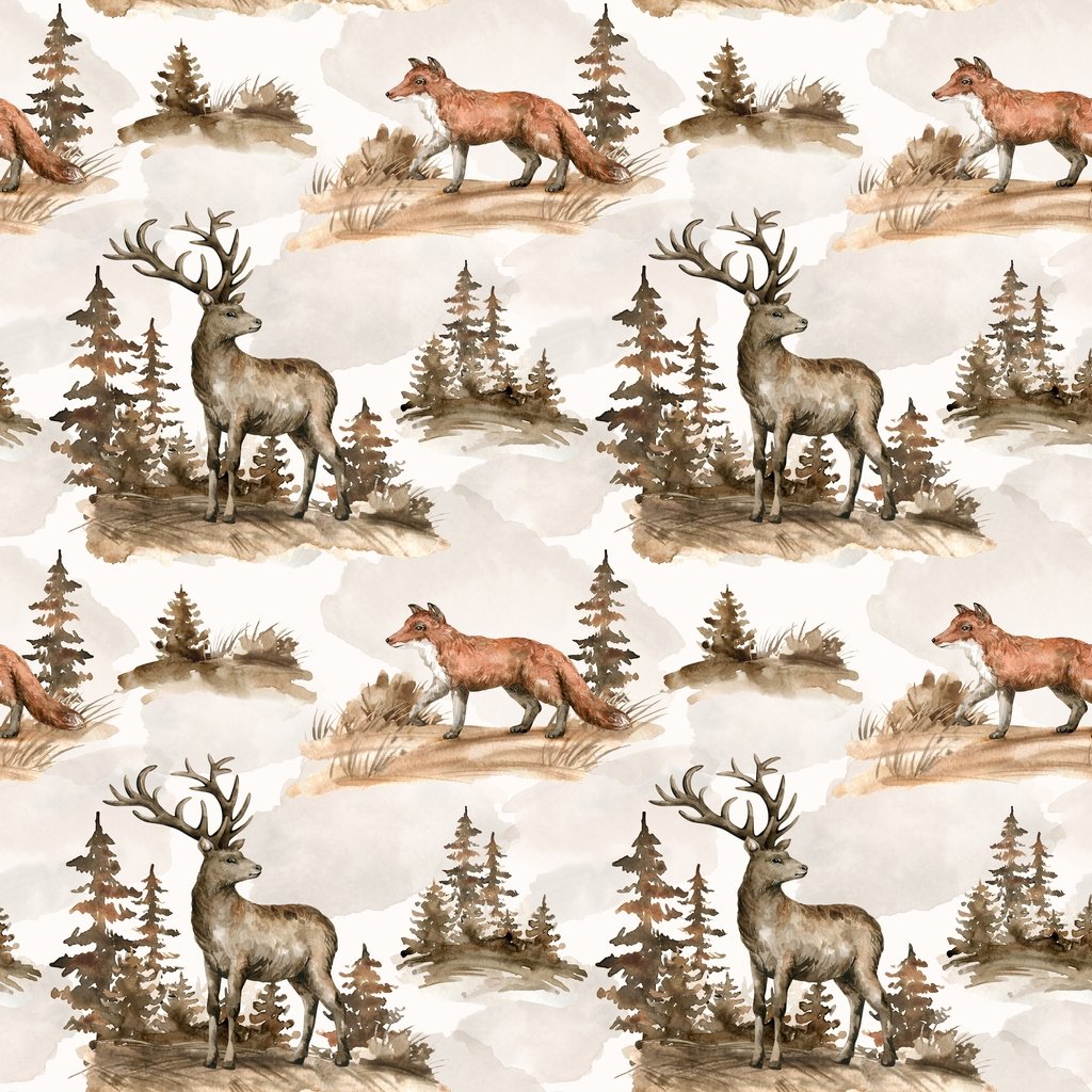 Wildlife Deer & Fox Watercolor Fabric - Brown