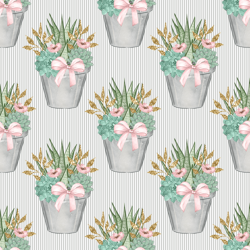 Sweet Succulents on Green Stripes Fabric