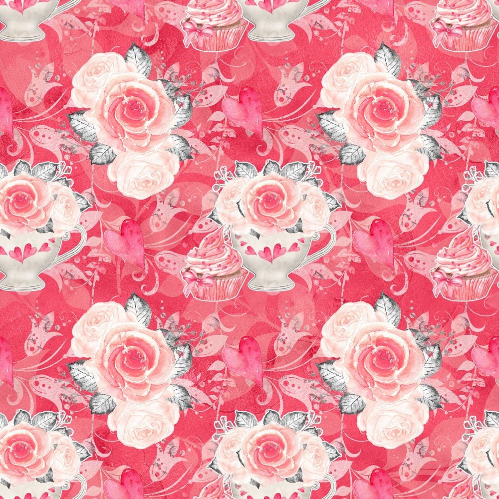 Sweet Valentine Cupcakes on Leaves Fabric - Red