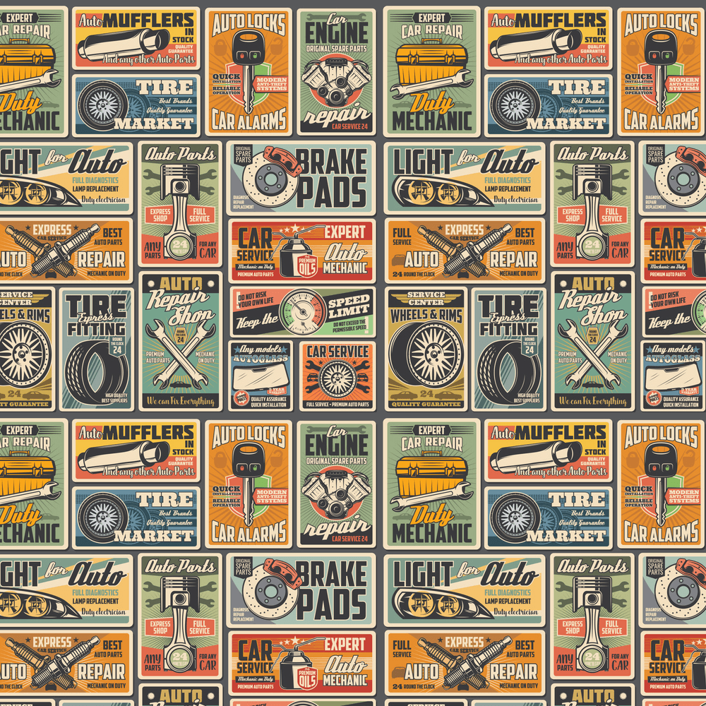 Vintage Auto Repair Shop Poster Fabric - Multi