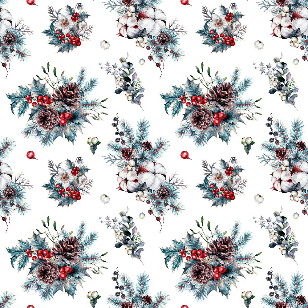 Vintage Christmas Snowberry Cones and Berries Fabric